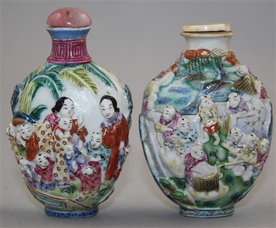 Two Chinese moulded famille rose snuff bottles, 1820-50, 7.5 and 7.8cm, Richards no.s 46 and 454